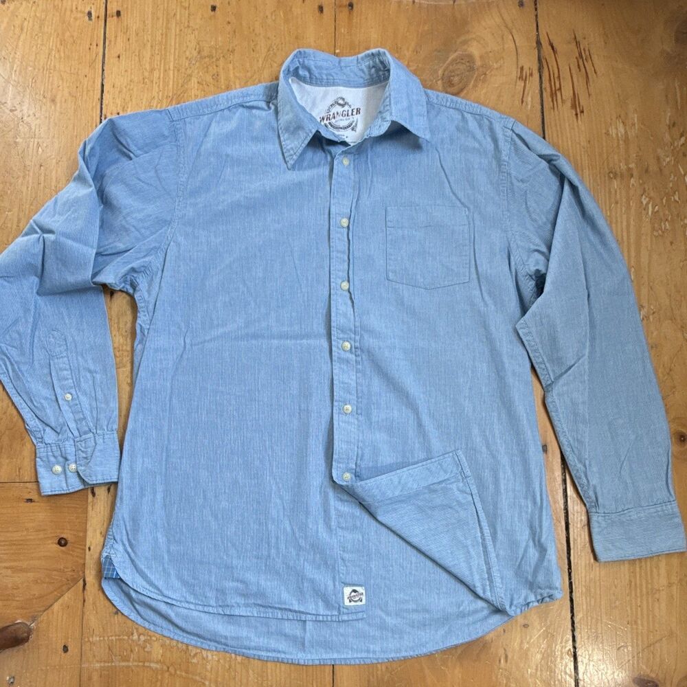 Wrangler Men's L Blue/White Striped Woven Cotton Long Sleeve Pocket Button-Up
